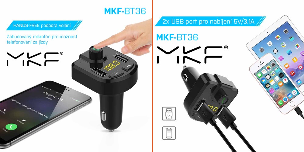 MKF-BT36 FM transmitter s USB nabíječkou 5V/3,1 A