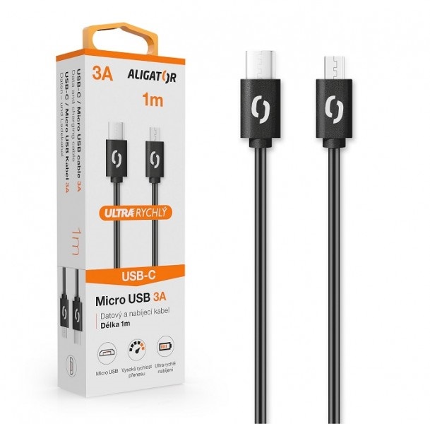 Datový kabel Aligator Power 3A, USB-C/micro USB 1m bílý