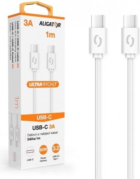 Datový kabel Aligator Power 3A, USB-C/USB-C, 1m bílý
