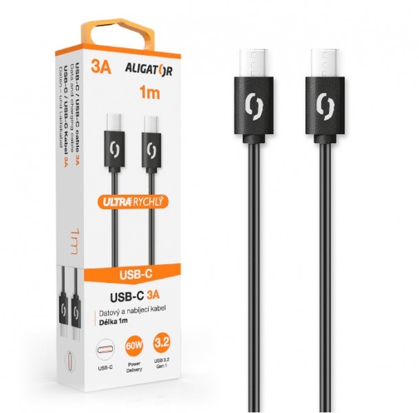 Datový kabel Aligator Power 3A, USB-C/USB-C černý