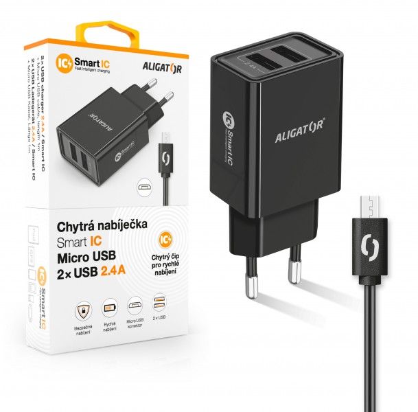 Aligator síťová nabíječka, 2x USB, kabel micro USB 2A, smart IC, 2,4 A, černá - Nabíječka ALIGATOR C
