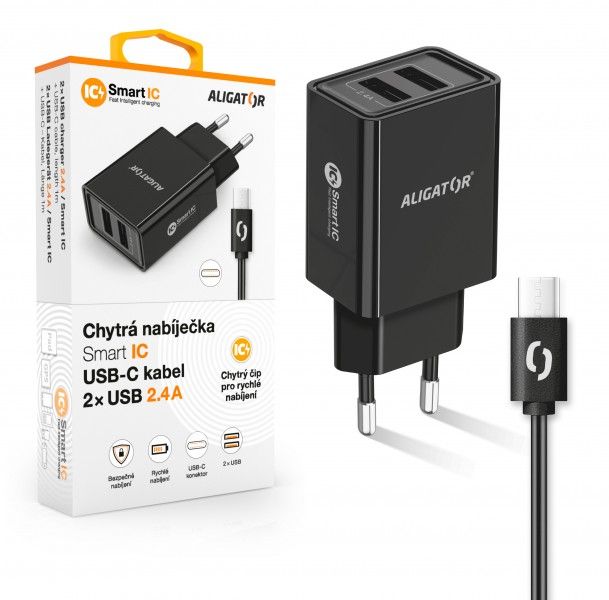 Aligator síťová nabíječka, 2x USB, kabel USB-C 2A, smart IC, 2,4 A, černá - Nabíječka ALIGATOR CHA00