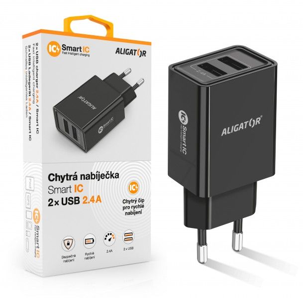 Aligator síťová nabíječka, 2x USB, smart IC, 2,4 A, černá - Nabíječka ALIGATOR CHA0029 - neoriginální