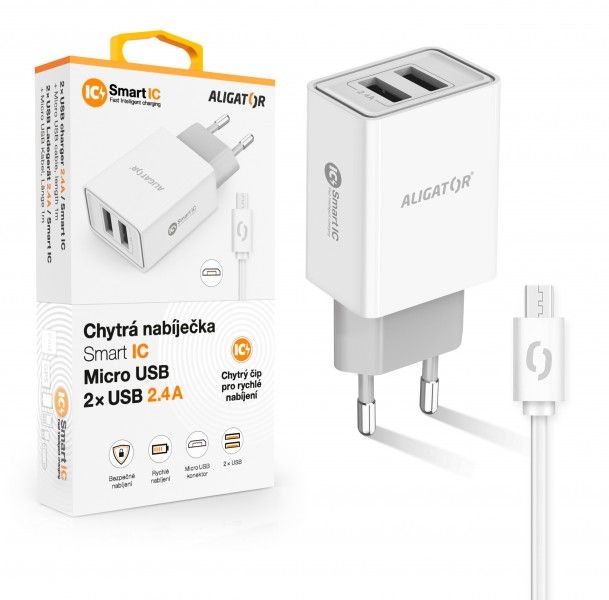 Aligator síťová nabíječka, 2x USB, kabel micro USB 2A, smart IC, 2,4 A, bílá