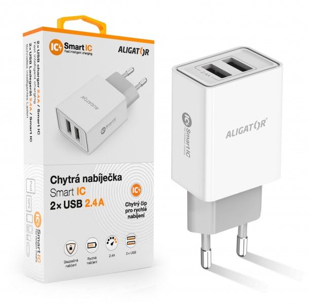 Aligator síťová nabíječka, 2x USB, smart IC, 2,4 A, bílá