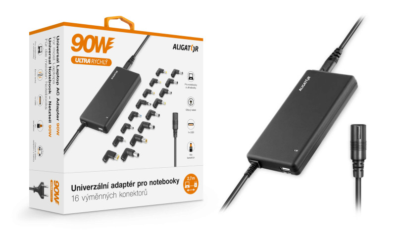 Levně Aligator napájecí kabel Univerzální adaptér pro notebooky se 16 výměnnými konektory a Usb, 90W