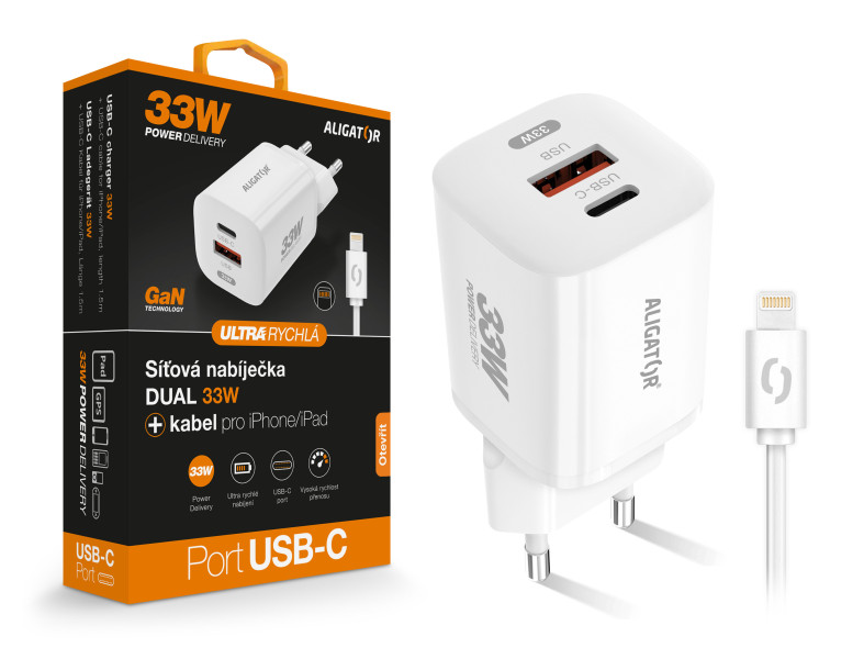 Chytrá GaN síťová nabíječka Aligator Power Delivery 33W, USB-C / USB-A, USB-C kabel pro iPhone/iPad, bílá