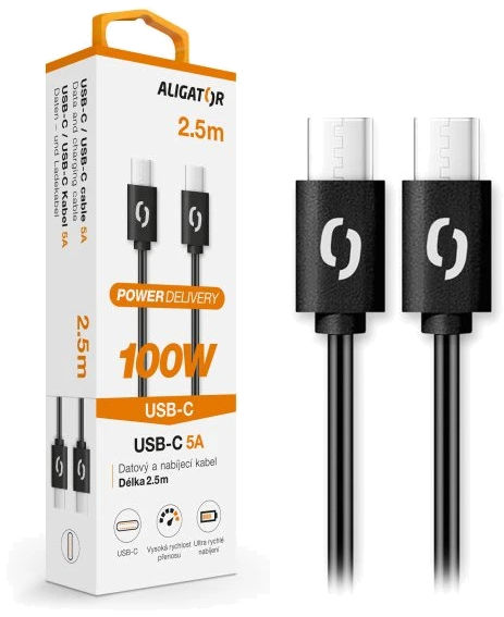 Aligator POWER 100W, USB-C/USB-C 5A, 2,5m černý datový kabel