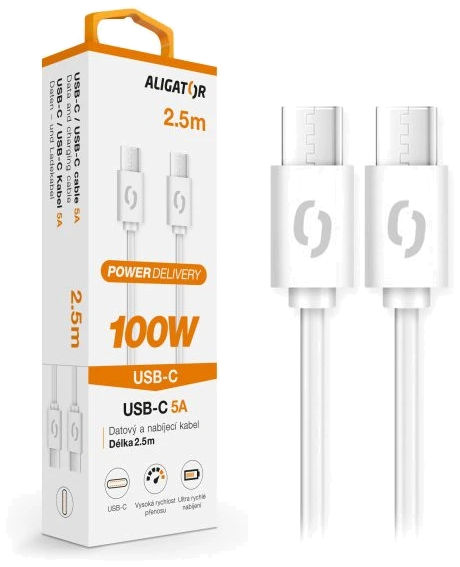 Aligator POWER 100W, USB-C/USB-C 5A, 2,5m bílý datový kabel