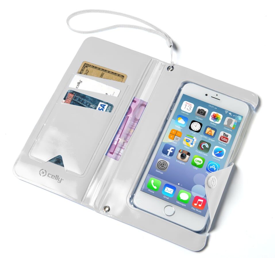 Levně Celly pouzdro na mobil Splashwalletwh Univerzální voděodolné pouzdro s peněženkou Splash Wallet, pro telefony 5,7 ", bílé