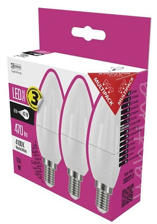 Emos LED žárovka Candle 6W/40W E14, NW neutrální bílá, 470 lm, Classic A+, 3 PACK