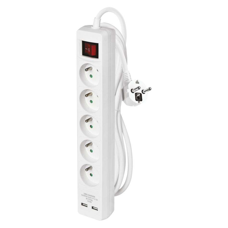 Emos Prodlužovací kabel s vypínačem – 5 zásuvek, 3m, bílý, 2x USB