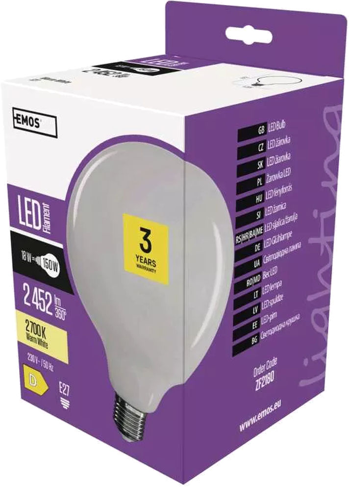 Emos LED žárovka Filament G125 18W E27 teplá bílá