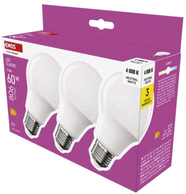 Emos LED žárovka Classic A60 / E27 / 7 W (60 W) / 806 lm / neutrální bílá 3ks