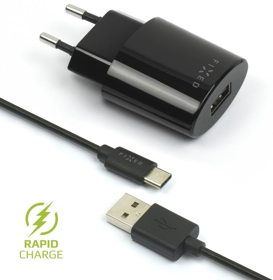 Síťová nabíječka FIXED s odnímatelným USB-C kabelem, 2,4A, černá