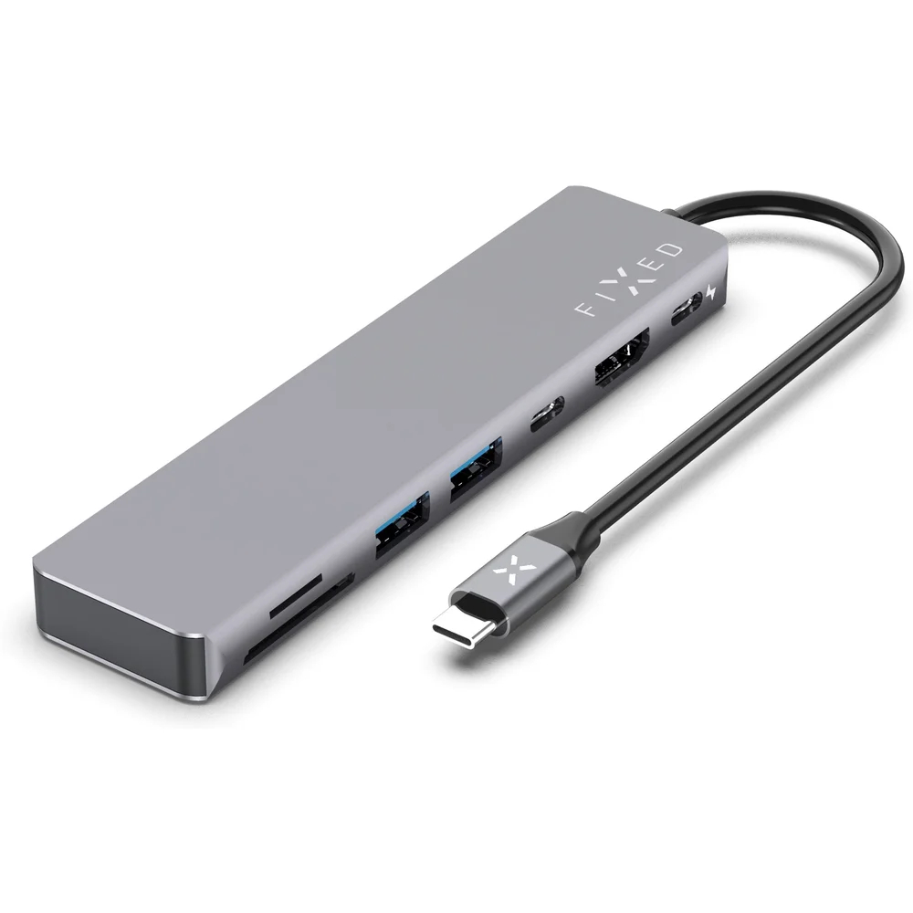 7-portový hliníkový USB-C FIXED HUB Card pro notebooky a tablety, šedý