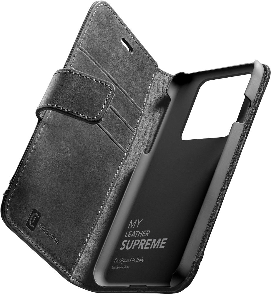 Levně pouzdro na mobil Prémiové kožené pouzdro typu kniha Cellularline Supreme pro Apple iPhone 13 Pro, černé