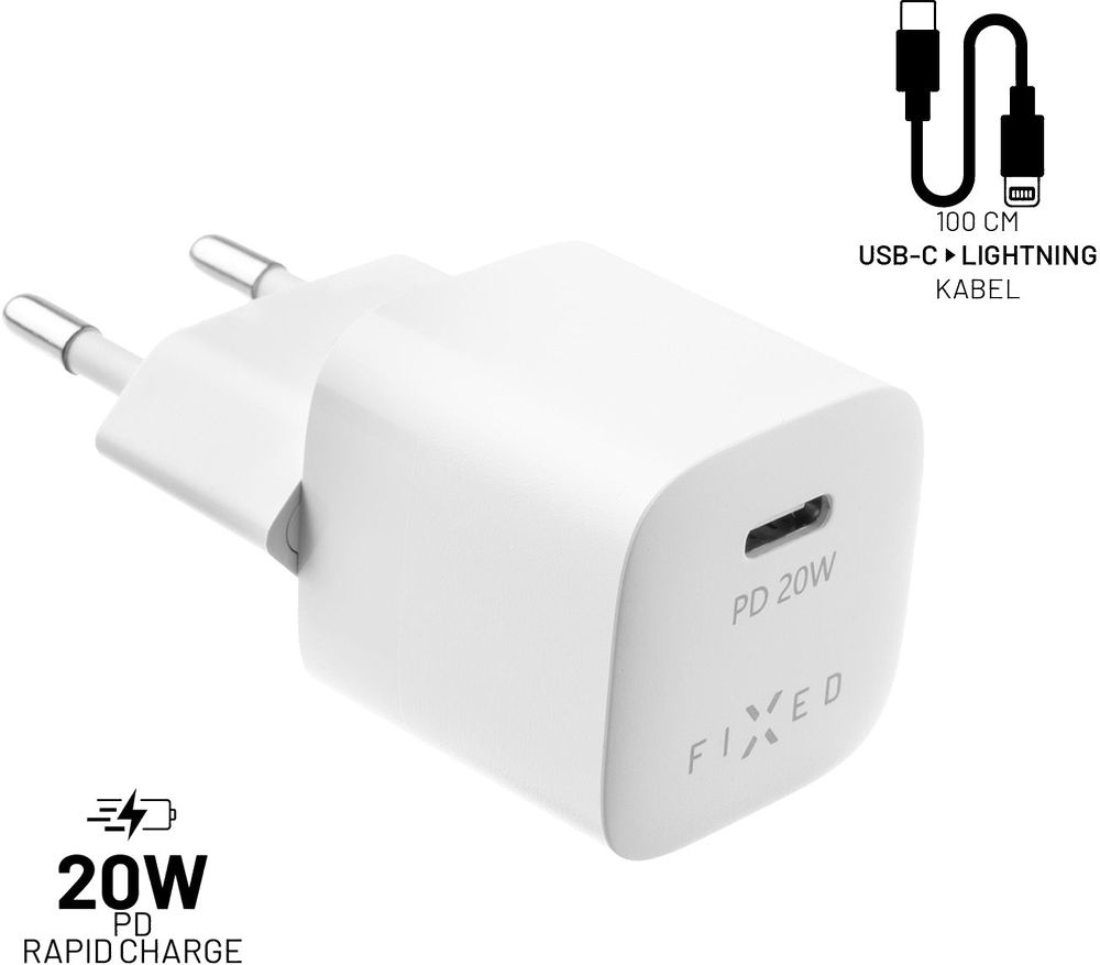 Set síťové nabíječky FIXED Mini s USB-C výstupem a USB-C/Lightning kabelu, podpora PD, 1 metr, MFI, 20W, bílý
