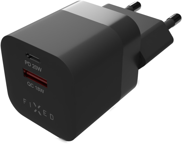 Síťová nabíječka FIXED Mini s USB-C a USB výstupem, podpora PD a QC 3.0, 20W, černý