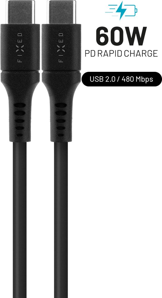 Levně nabíječka pro mobil Nabíjecí a datový Liquid silicone kabel Fixed s konektory Usb-c/usb-c a podporou Pd, 1.2m, Usb 2.0, 60W, černý