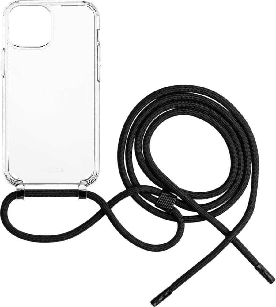 Levně pouzdro na mobil Pouzdro Fixed Pure Neck s černou šňůrkou na krk pro Apple iPhone 13 mini