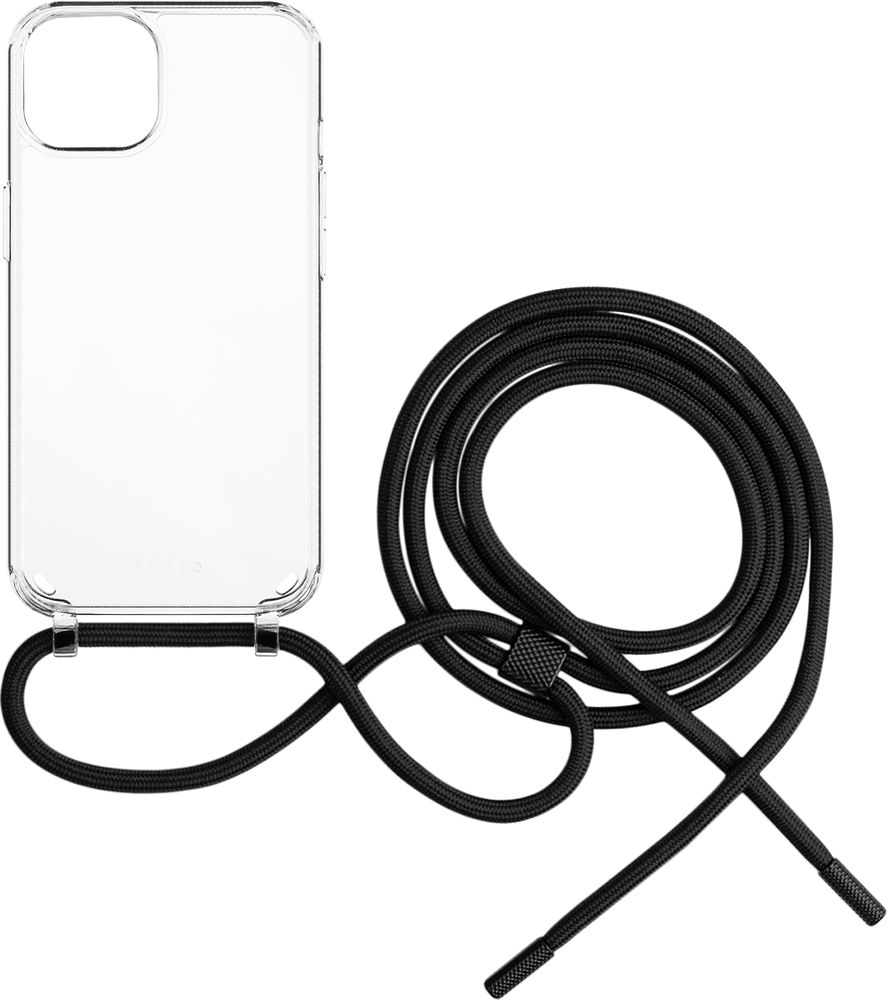 Levně pouzdro na mobil Pouzdro Fixed Pure Neck s černou šňůrkou na krk pro Apple iPhone 14