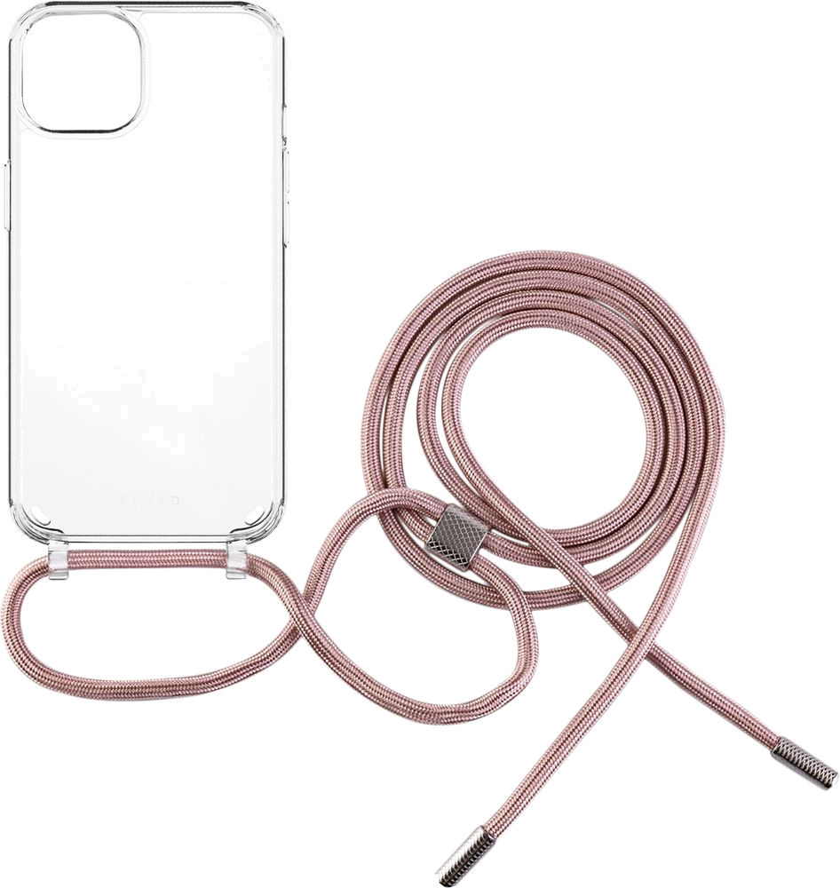Pouzdro Fixed Pure Neck s růžovou šňůrkou na krk pro Apple iPhone 14 Plus