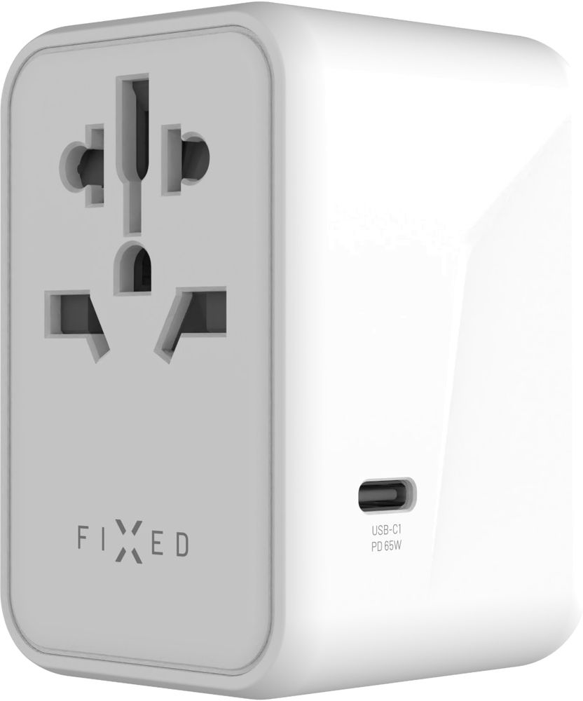 Cestovní adaptér FIXED pro EU, UK a USA/AUS, s 3xUSB-C a 2xUSB výstupem, GaN, PD 65W, bílý