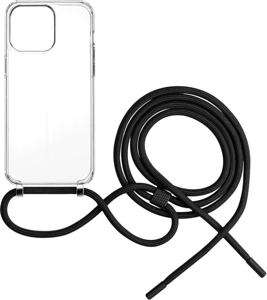 Levně pouzdro na mobil Pouzdro Fixed Pure Neck s černou šňůrkou na krk pro Apple iPhone 15 Pro