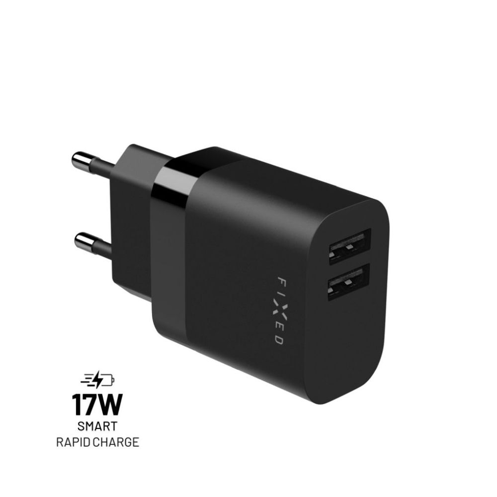 Levně nabíječka pro mobil Síťová nabíječka Fixed s 2xUSB výstupem, 17W Smart Rapid Charge, černá