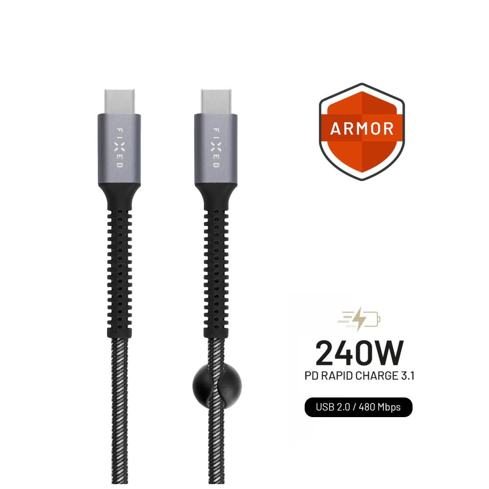 Levně kabel Nabíjecí a datový odolný kabel Fixed Armor s konektory Usb-c/usb-c a podporou Pd, 1.2 m, Usb 2.0, 240W, šedý
