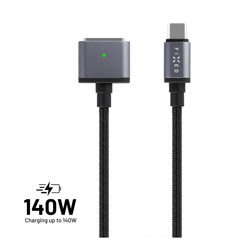 Nabíjecí opletený kabel FIXED s konektory USB-C/MagSafe 3, 2m, 140W, šedý + DOPRAVA ZDARMA