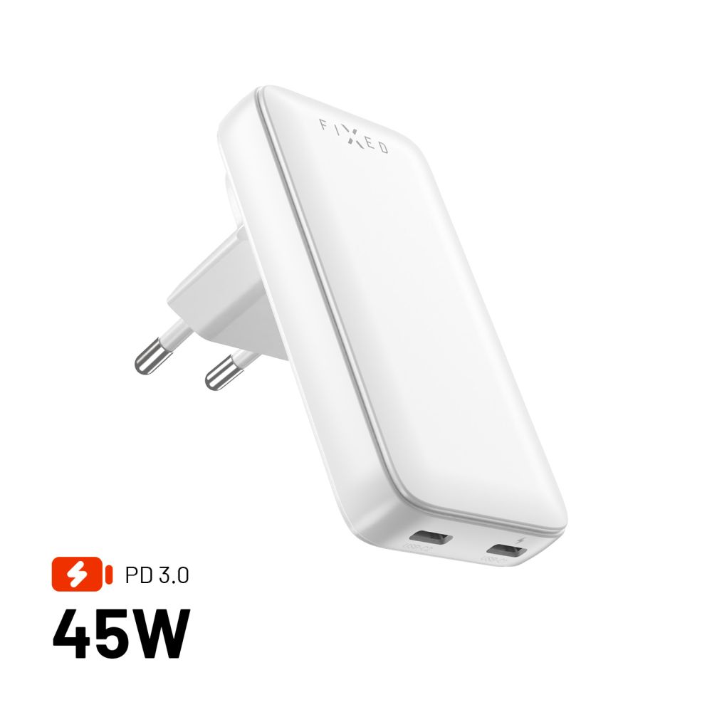 nabíječka pro mobil Síťová Gan nabíječka Fixed Slim Traveller s 2x Usb-c výstupem s vyměnitelnými adaptéry, 45W, bílá
