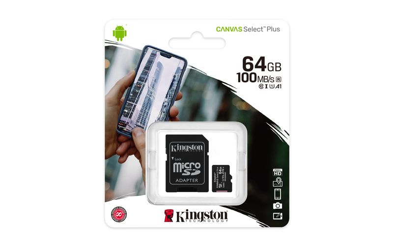 Levně Kingston paměťová karta Micro Sdxc Canvas Select Plus 100R 64Gb 100Mb/s Uhs-i + adaptér (SDCS2/64GB)