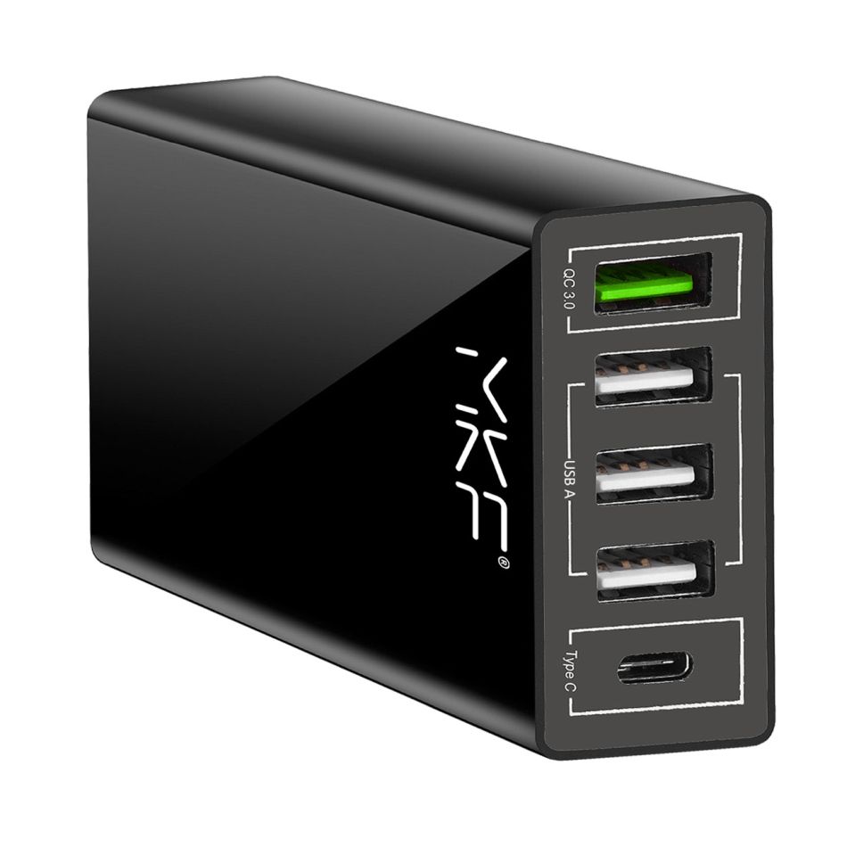 MKF-QC3AC5, USB nabíječka, 1× USB QC3.0, 3× USB 5 V / 2,4 A, 1× USB C 5 V / 3A, Multi charge, černá