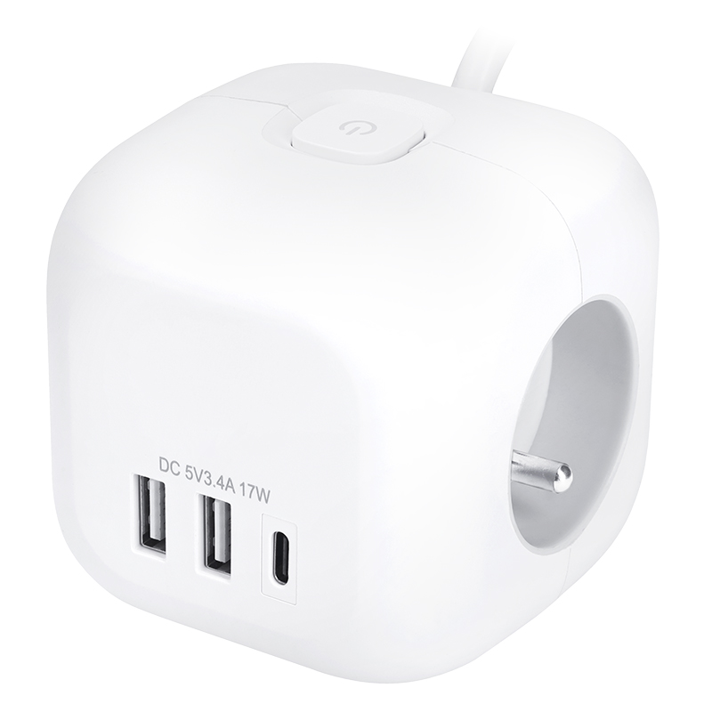 Solight 3z + Usb A+c prodlužovací přívod - kostka, kabel 2m, 3 x 1mm2, bílý, vypínač