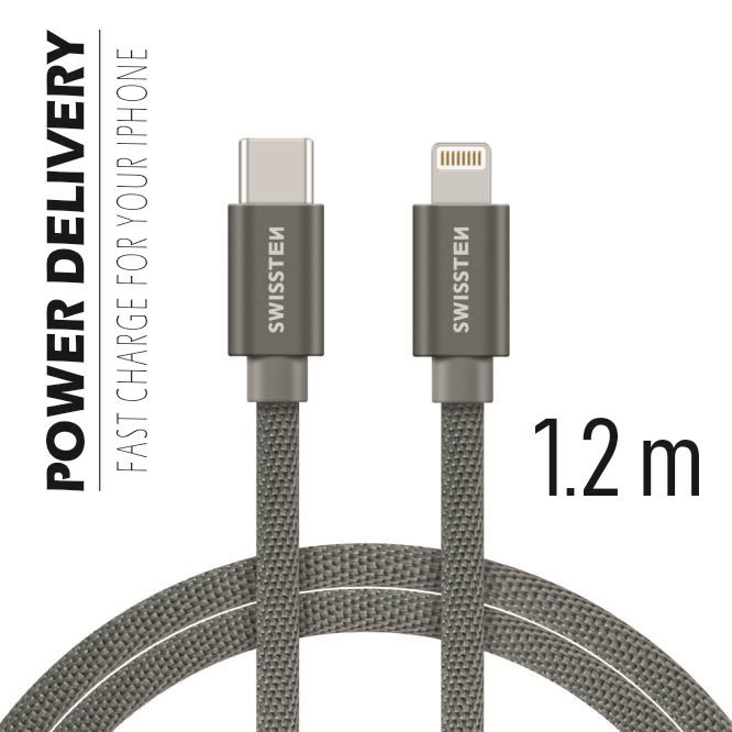 Swissten kabel Textile USB-C/LIGH 1,2m, šedá