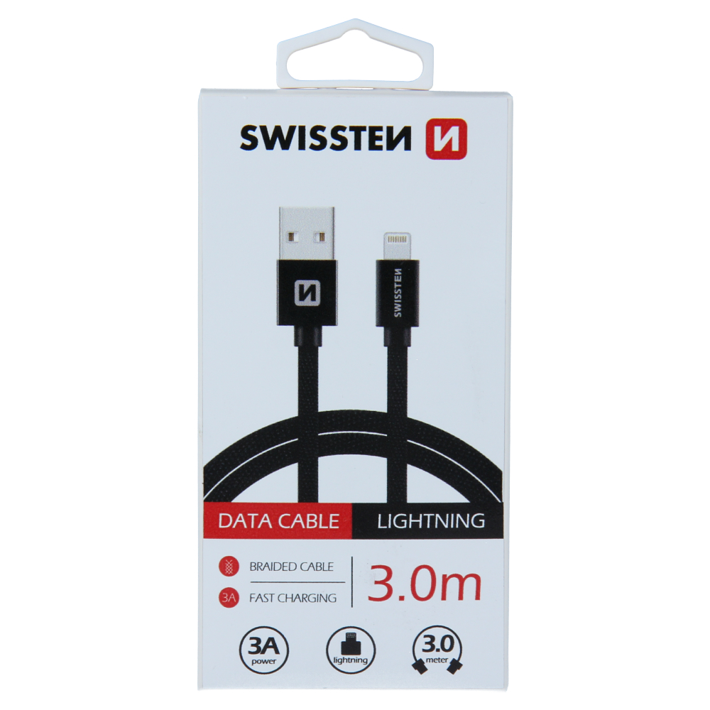 Swissten kabel Textile USB/LIGH 3,0m, černá