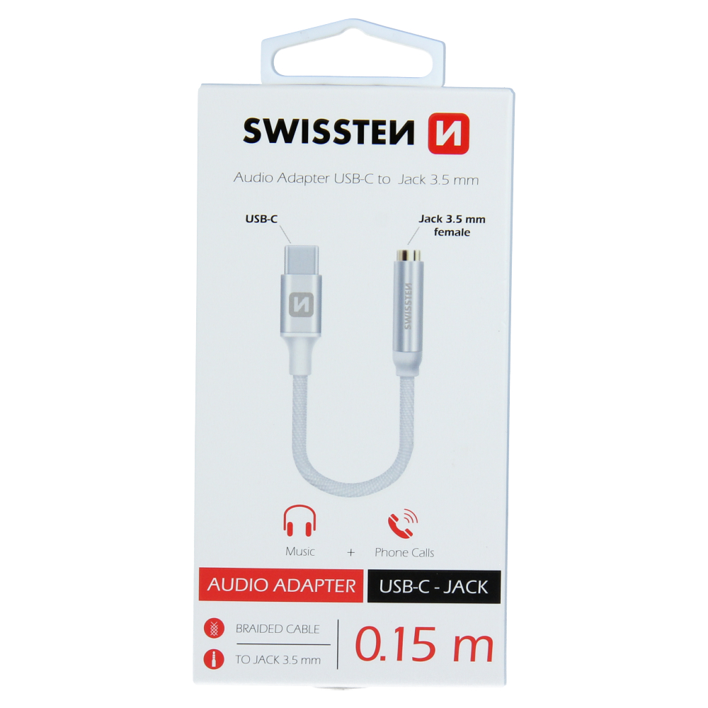 Levně Swissten kabel adaptér Usb-c/jack (F) 0,15m, stříbrná