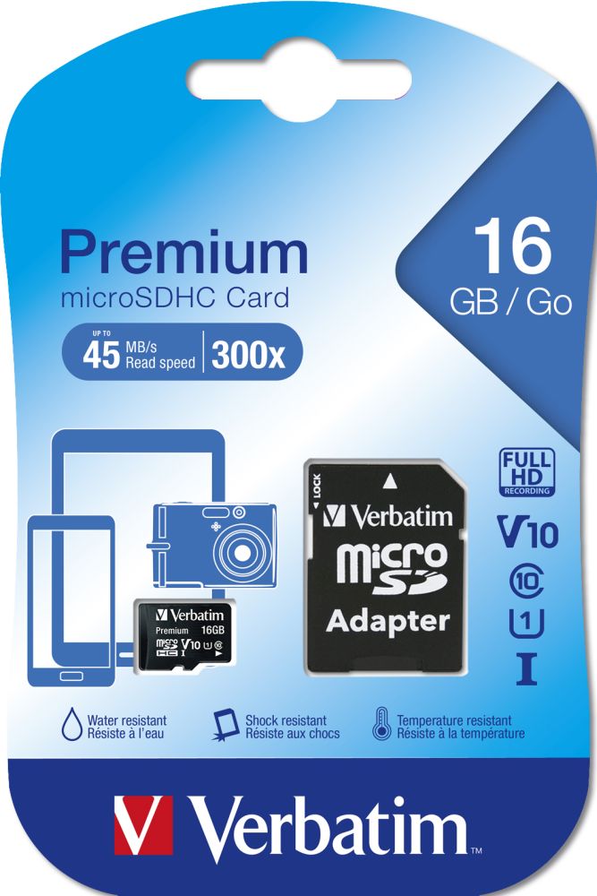 Levně Verbatim Premium paměťová karta microSDHC 16Gb Uhs-i V10 U1 + Sd adaptér