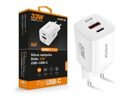 Rychlá mini síťová nabíječka ALIGATOR Power Delivery 33W, GaN, USB-C / USB-A, bílá