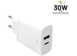 Síťová nabíječka FIXED s USB-C a USB výstupem, podpora PD, 30W, bílá