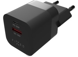 Síťová nabíječka FIXED Mini s USB-C a USB výstupem, podpora PD a QC 3.0, 20W, černý