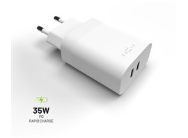 Síťová nabíječka FIXED s 2x USB-C výstupem, podpora PD, 35W, bílá