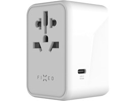 Cestovní adaptér FIXED pro EU, UK a USA/AUS, s 3xUSB-C a 2xUSB výstupem, GaN, PD 65W, bílý