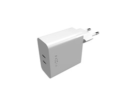 Síťová nabíječka FIXED s 2x USB-C výstupem, podpora PD, 65W, bílá