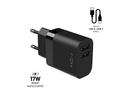 Set síťové nabíječky FIXED s 2xUSB výstupem a USB/USB-C kabelu, 1 metr, 17W Smart Rapid Charge, černá