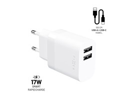 Set síťové nabíječky FIXED s 2xUSB výstupem a USB/USB-C kabelu, 1 metr, 17W Smart Rapid Charge, bílá
