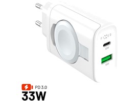 Síťová nabíječka FIXED Power Socket s USB-A a USB-C výstupem a vyklápěcí nabíječkou pro Apple Watch, 33W, bílá