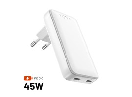 Síťová GaN nabíječka FIXED Slim s 2x USB-C výstupem a podporou PD, 45W, bílá